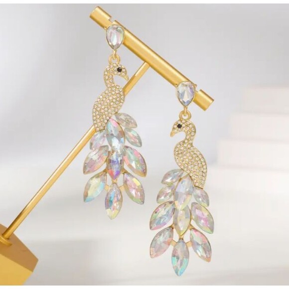 Iced Gold Peacock Dangle Earrings Clear Rhinestones - Picture 4 of 6